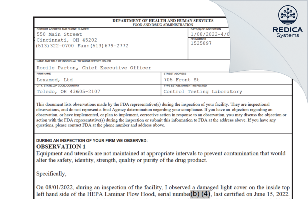FDA 483 - LEXAMED [Ohio / United States of America] - Download PDF - Redica Systems