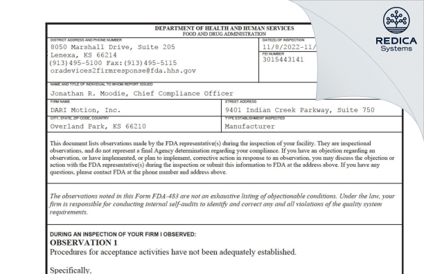 FDA 483 - DARI Motion, Inc. [Overland Park / United States of America] - Download PDF - Redica Systems