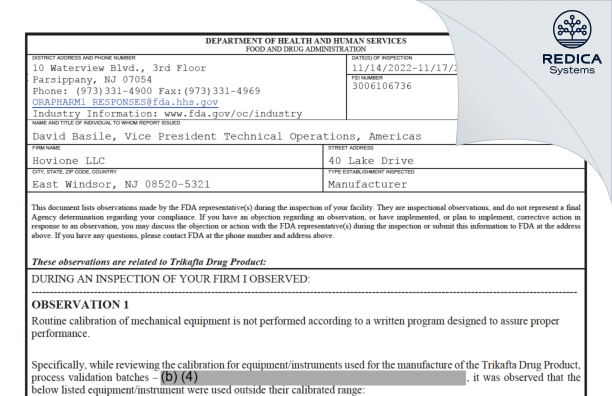 FDA 483 - HOVIONE LLC [Jersey / United States of America] - Download PDF - Redica Systems
