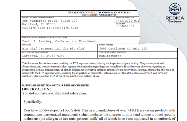 FDA 483 - Big Olaf Creamery LLC dba Big Olaf [Sarasota / United States of America] - Download PDF - Redica Systems