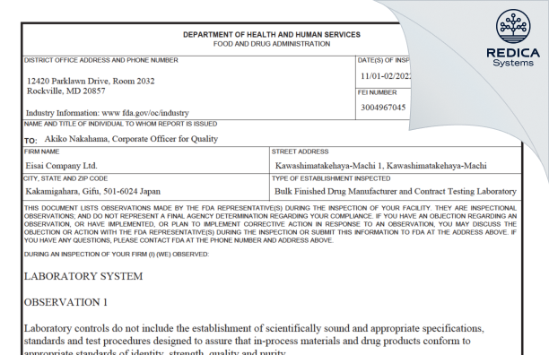 FDA 483 - Eisai Co., Ltd. [Kakamigahara / Japan] - Download PDF - Redica Systems