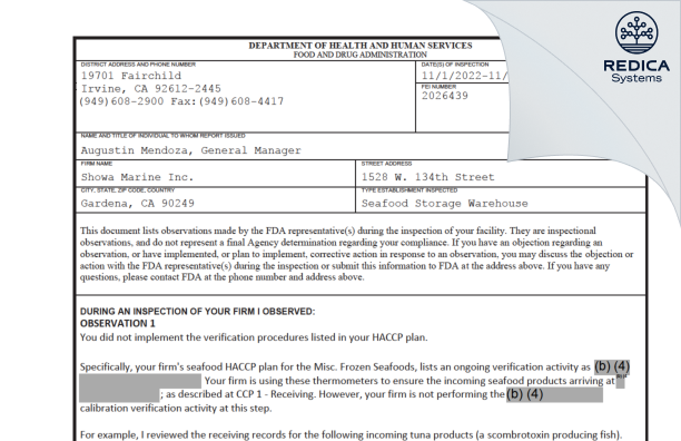FDA 483 - Showa Marine Inc. [Gardena / United States of America] - Download PDF - Redica Systems