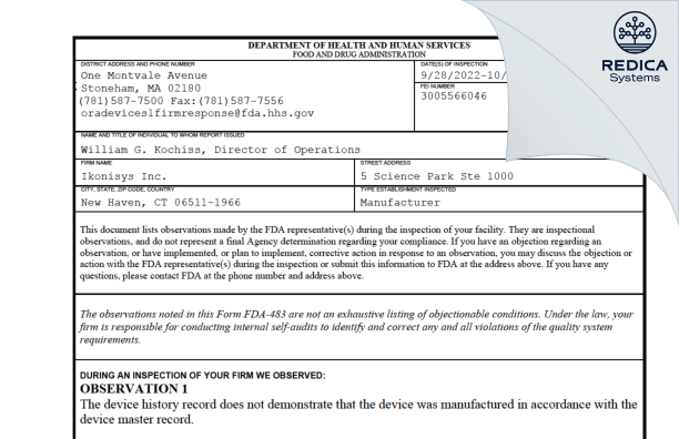 FDA 483 - Ikonisys Inc. [New Haven / United States of America] - Download PDF - Redica Systems