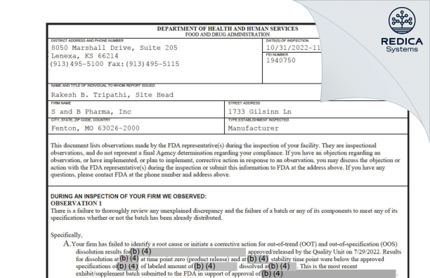 FDA 483 - S&B Pharma LLC DBA Alkem Laboratories [Fenton / United States of America] - Download PDF - Redica Systems