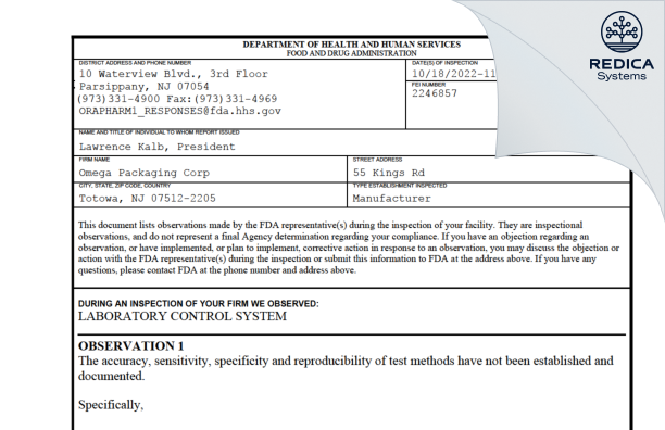 FDA 483 - Omega Packaging Corporation [Jersey / United States of America] - Download PDF - Redica Systems