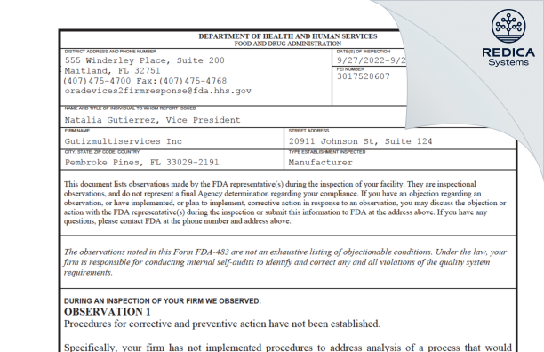 FDA 483 - Gutizmultiservices Inc [Pembroke Pines / United States of America] - Download PDF - Redica Systems