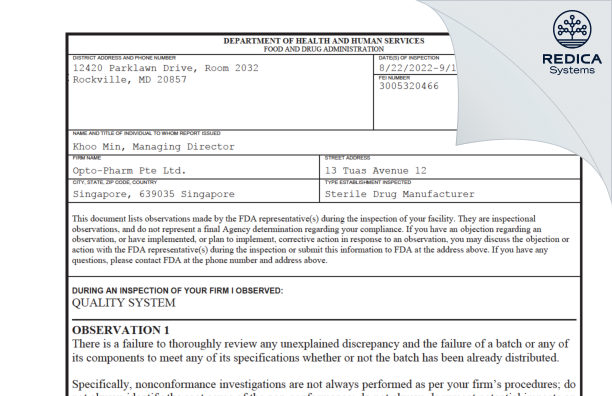 FDA 483 - Opto-Pharm Pte Ltd [Singapore / Singapore] - Download PDF - Redica Systems