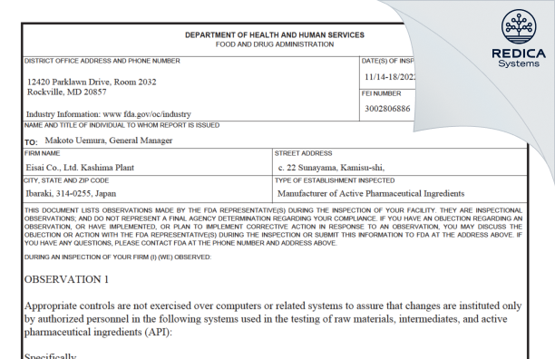 FDA 483 - Eisai Co., Ltd. [Kamisu-Shi / Japan] - Download PDF - Redica Systems