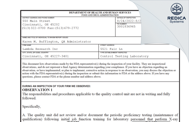 FDA 483 - Lambda Research, Inc. [Cincinnati Ohio / United States of America] - Download PDF - Redica Systems