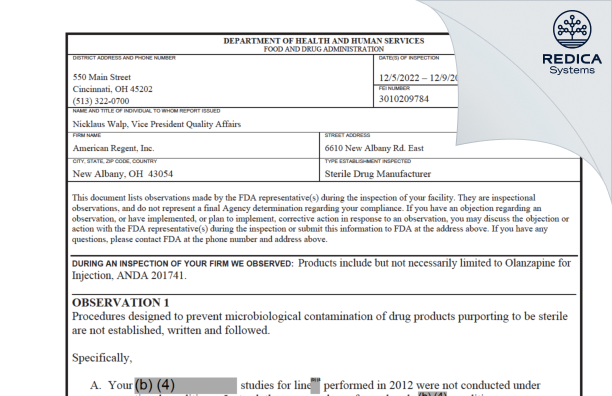 FDA 483 - American Regent, Inc. [New Albany Ohio / United States of America] - Download PDF - Redica Systems