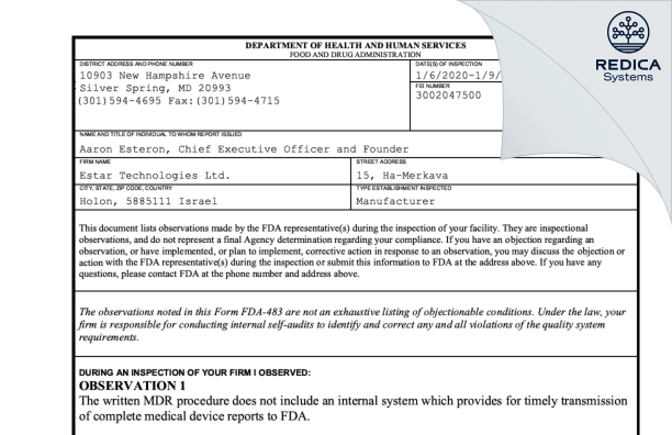 FDA 483 - Estar Technologies Ltd. [Holon / Israel] - Download PDF - Redica Systems