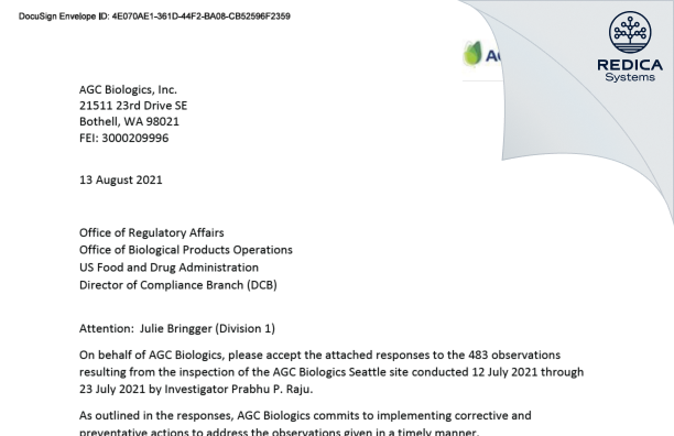 FDA 483 Response - AGC Biologics, Inc. [Bothell / United States of America] - Download PDF - Redica Systems