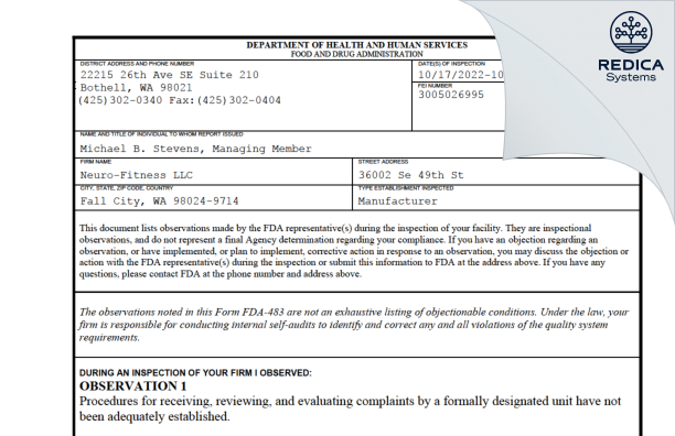 FDA 483 - Neuro-Fitness LLC [Fall City / United States of America] - Download PDF - Redica Systems