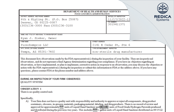 FDA 483 - Purechempros LLC [Tempe / United States of America] - Download PDF - Redica Systems