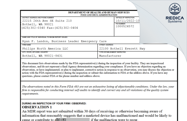 FDA 483 - Philips North America LLC [Bothell / United States of America] - Download PDF - Redica Systems