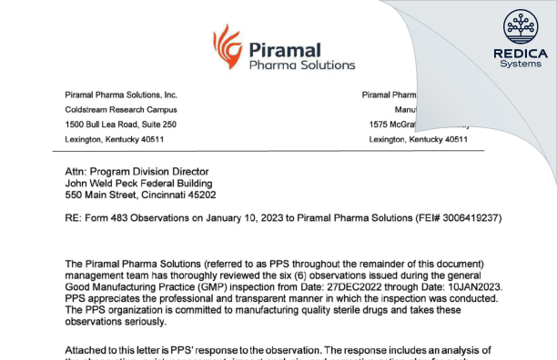 FDA 483 Response - Piramal Pharma Solutions Inc. [Lexington / United States of America] - Download PDF - Redica Systems