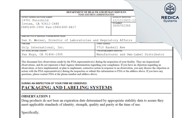 FDA 483 - Orly International [Van Nuys California / United States of America] - Download PDF - Redica Systems