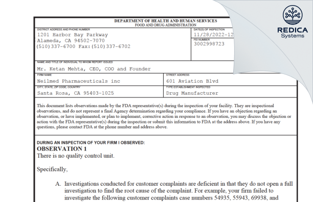 FDA 483 - NeilMed Pharmaceuticals, Inc [Santa Rosa / United States of America] - Download PDF - Redica Systems