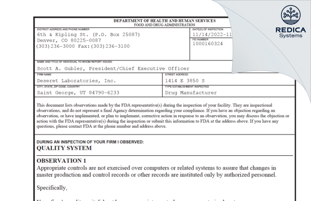 FDA 483 - Deseret Laboratories, Inc. [St. George / United States of America] - Download PDF - Redica Systems