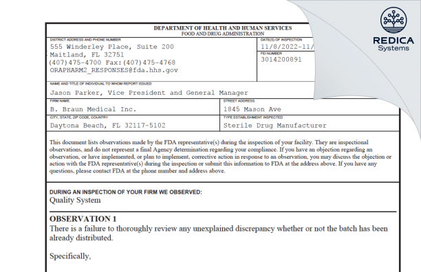 FDA 483 - B Braun Medical Inc [Daytona Beach / United States of America] - Download PDF - Redica Systems