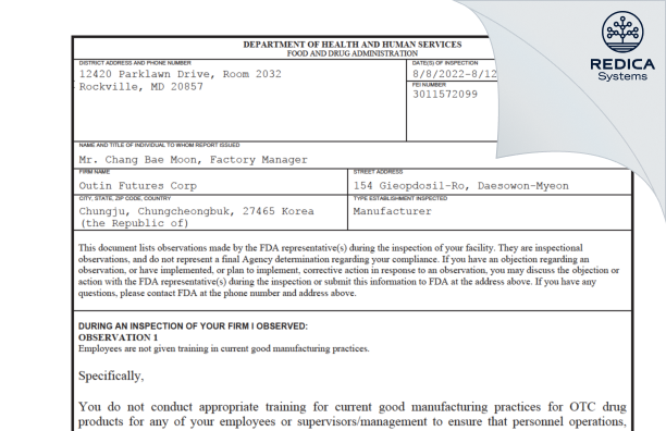 FDA 483 - OUTIN FUTURES CORP. [Korea South / Korea (Republic of)] - Download PDF - Redica Systems
