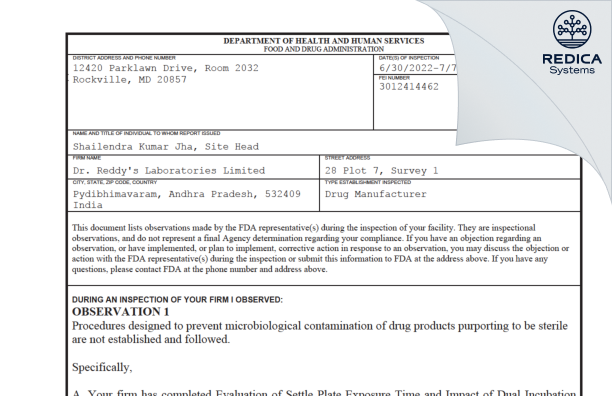 FDA 483 - DR REDDY'S LABORATORIES LIMITED [India / India] - Download PDF - Redica Systems