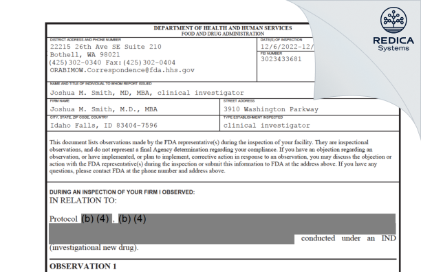 FDA 483 - Joshua M. Smith, M.D., MBA [Idaho Falls / United States of America] - Download PDF - Redica Systems