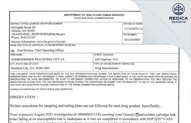 FDA 483 - Gerresheimer Peachtree City, LP [Peachtree City Georgia / United States of America] - Download PDF - Redica Systems