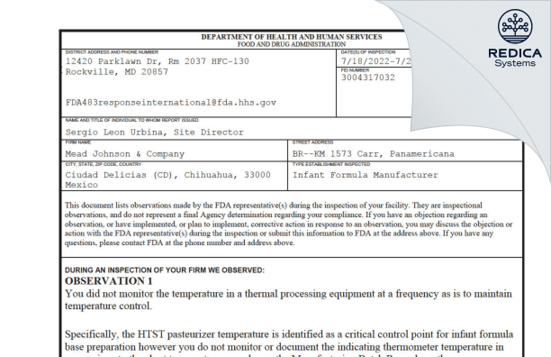FDA 483 - Mead Johnson & Company, S. de RL de CV [Mexico / -] - Download PDF - Redica Systems