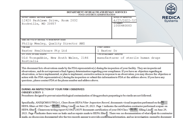FDA 483 - Baxter Healthcare Pty Ltd [- / Australia] - Download PDF - Redica Systems