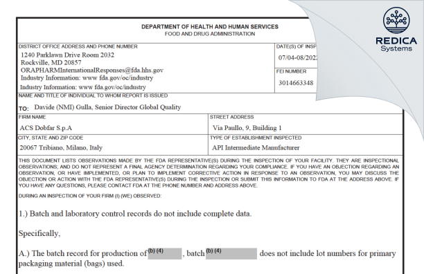 FDA 483 - ACS DOBFAR SPA [Tribiano / Italy] - Download PDF - Redica Systems