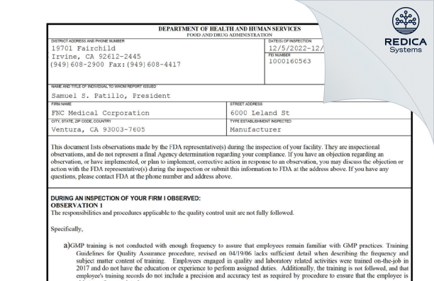 FDA 483 - FNC MEDICAL CORPORATION [California / United States of America] - Download PDF - Redica Systems