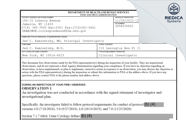 FDA 483 - Jed C. Kaminetsky, M.D. [New York / United States of America] - Download PDF - Redica Systems
