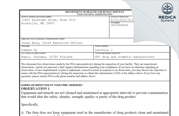 FDA 483 - Lumene Oy [Espoo / Finland] - Download PDF - Redica Systems