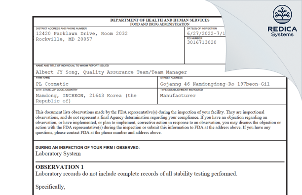 FDA 483 - PL COSMETIC [Korea South / Korea (Republic of)] - Download PDF - Redica Systems