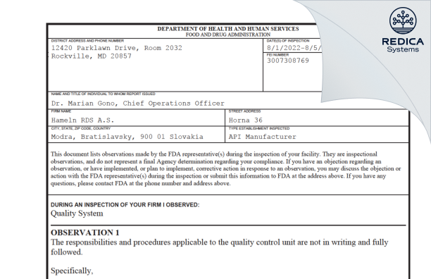 FDA 483 - hameln rds s.r.o. [Modra / Slovakia] - Download PDF - Redica Systems