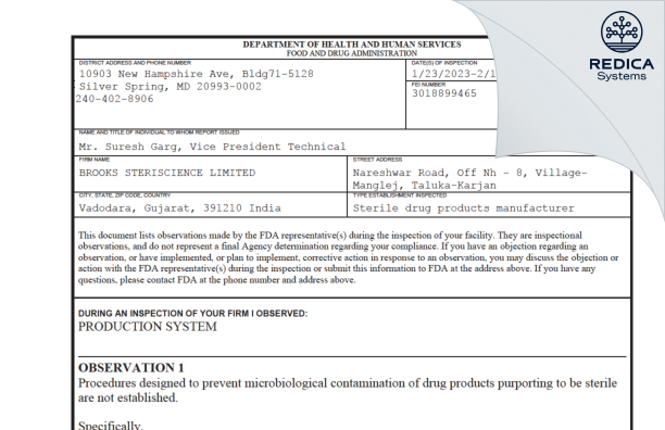 FDA 483 - BROOKS STERISCIENCE LIMITED [India / India] - Download PDF - Redica Systems