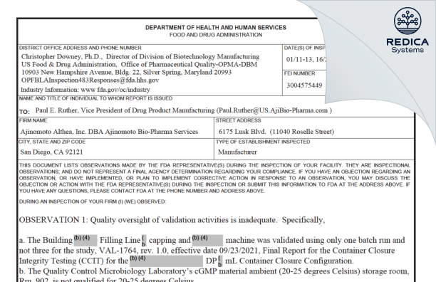 FDA 483 - Ajinomoto Althea, Inc. [San Diego / United States of America] - Download PDF - Redica Systems