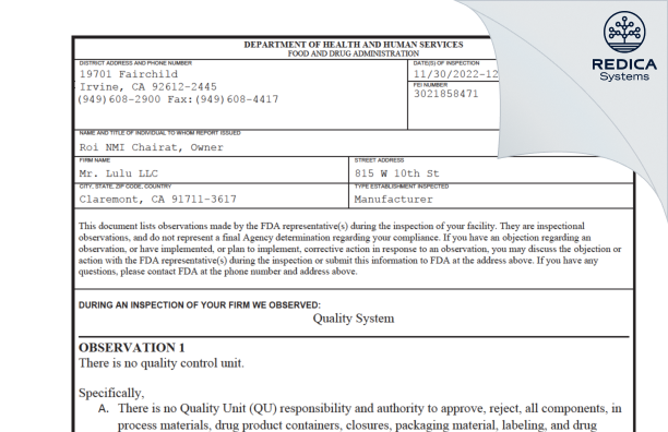 FDA 483 - Mr. Lulu [California / United States of America] - Download PDF - Redica Systems