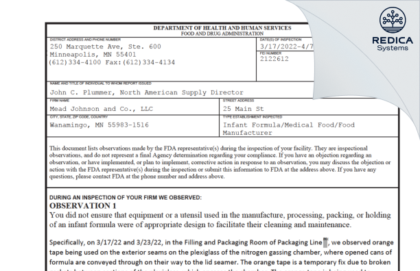 FDA 483 - Mead Johnson and Co., LLC [Wanamingo / United States of America] - Download PDF - Redica Systems