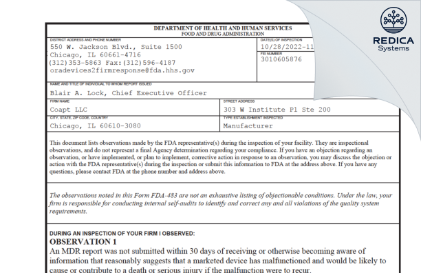 FDA 483 - Coapt LLC [Chicago / United States of America] - Download PDF - Redica Systems