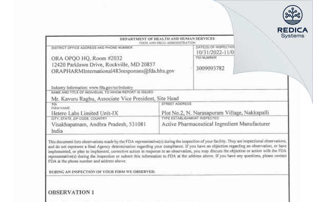 FDA 483 - Hetero Labs Limited [India / India] - Download PDF - Redica Systems
