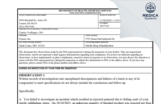 FDA 483 - Nomax, INC [Saint Louis / United States of America] - Download PDF - Redica Systems