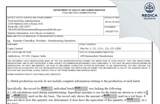 FDA 483 - Lupin Laboratories, Ltd. [Ankleshwar / India] - Download PDF - Redica Systems