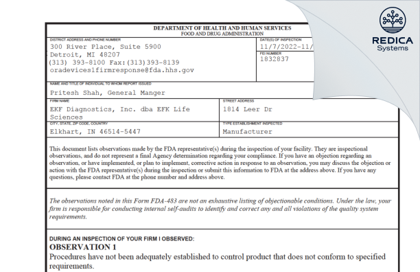 FDA 483 - EKF Diagnostics, Inc. dba EFK Life Sciences [Elkhart / United States of America] - Download PDF - Redica Systems