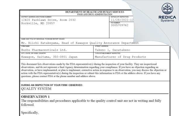 FDA 483 - Bushu Pharmaceuticals, Ltd. [Kawagoe / Japan] - Download PDF - Redica Systems