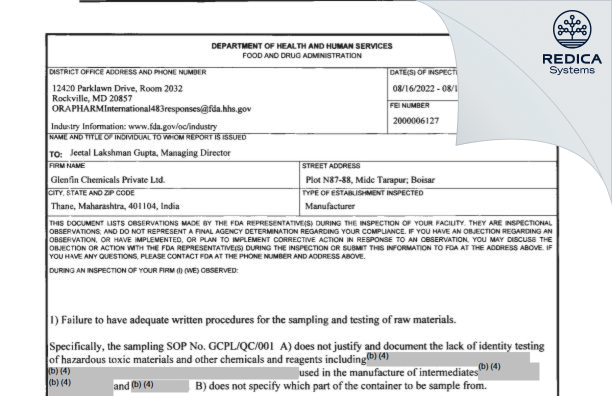 FDA 483 - Glenfin Chemicals Private Ltd. [Thane / India] - Download PDF - Redica Systems