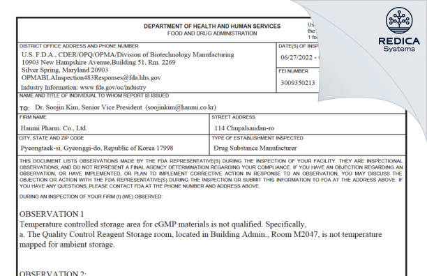 FDA 483 - Hanmi Pharm. Co., Ltd. [Korea South / Korea (Republic of)] - Download PDF - Redica Systems