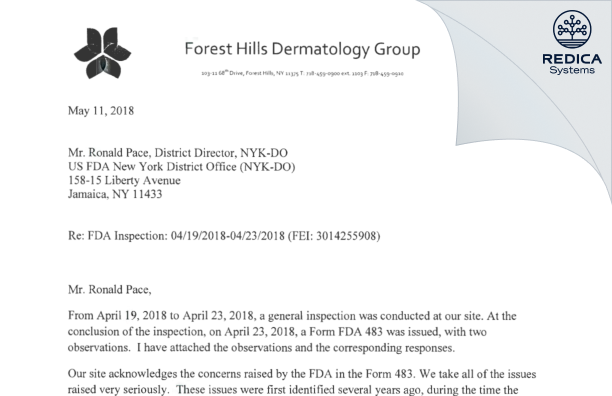 FDA 483 Response - Jeffrey Mitchell Weinberg, MD [Forest Hills / United States of America] - Download PDF - Redica Systems