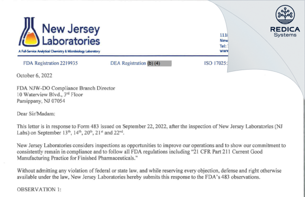 FDA 483 Response - New Jersey Laboratories [Jersey / United States of America] - Download PDF - Redica Systems